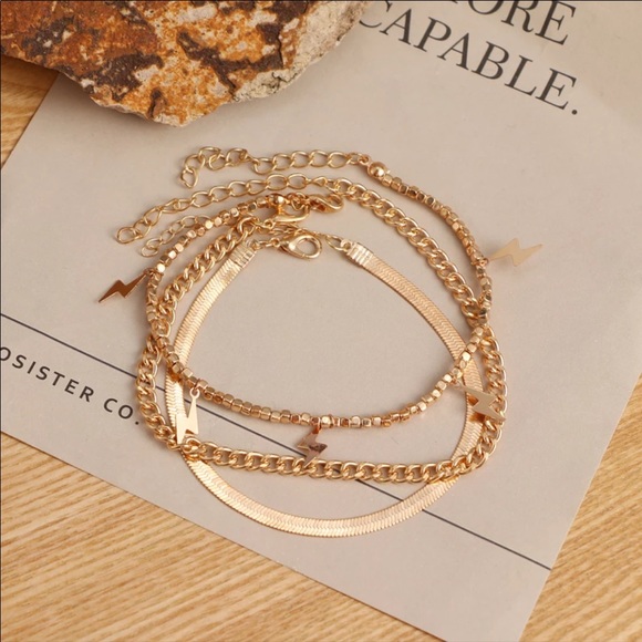 Gold Lightning Bolt Ankle Bracelet Set - Picture 2 of 5